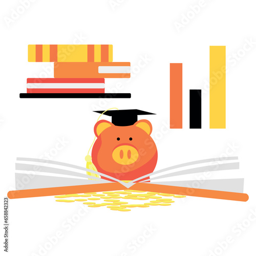 Piggy bank with graduation hat, books and coins on white background