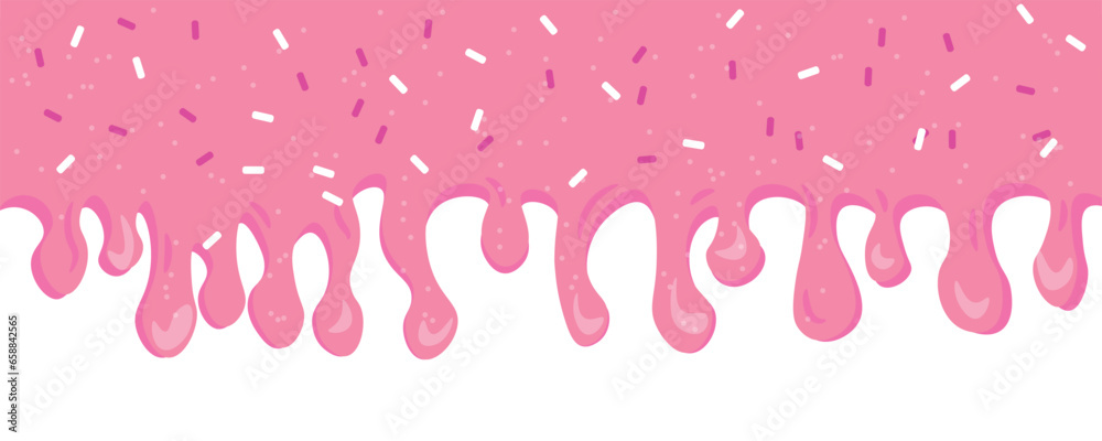 Dripping pink cream with sprinkles on white background Dripping pink cream with sprinkles on white background