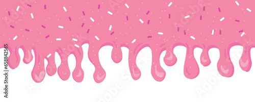 Dripping pink cream with sprinkles on white background