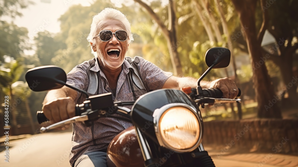 A Happy elderly man enjoying a road trip, adventure driving a motorbike on a road covered with tall trees.