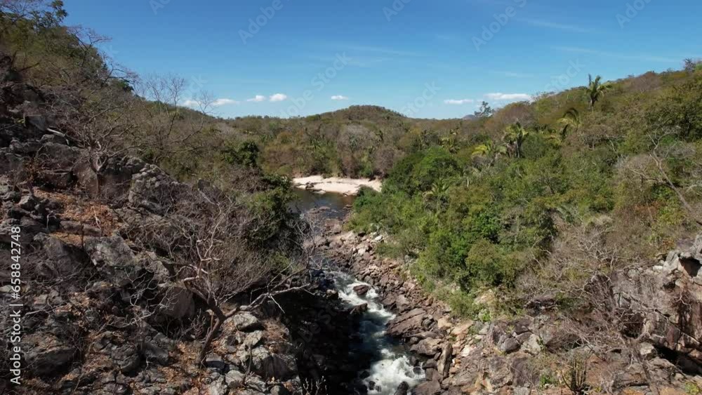 drone view Funil do Rio Preto, waterfall, beach and river, Colinas do Sul, Goiás, Brazil drone view Funil do Rio Preto, waterfall, beach and river, Colinas do Sul, Goiás, Brazil