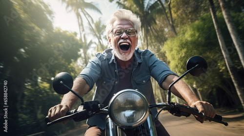 A Happy elderly man enjoying a road trip, adventure driving a motorbike on a road covered with tall trees. © Phoophinyo