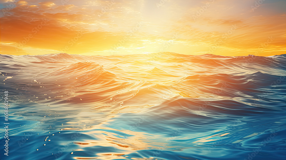 Dream majestic sea ocean water surface. Fantasy seascape closeup ripples waves soft golden blue colors panoramic background. Abstract nature sunset nature. Sunlight calm peaceful World Environment