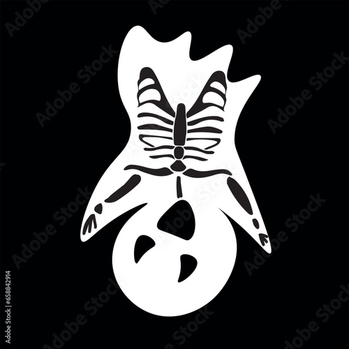 Scary Halloween ghost with drawn skeleton on black background
