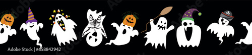 Set of many Halloween ghosts on black background