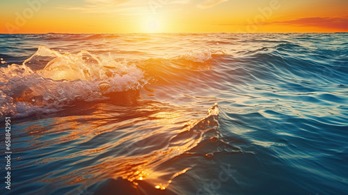 Dream majestic sea ocean water surface. Fantasy seascape closeup ripples waves soft golden blue colors panoramic background. Abstract nature sunset nature. Sunlight calm peaceful World Environment © Ziyan Yang