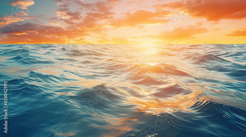 Dream majestic sea ocean water surface. Fantasy seascape closeup ripples waves soft golden blue colors panoramic background. Abstract nature sunset nature. Sunlight calm peaceful World Environment