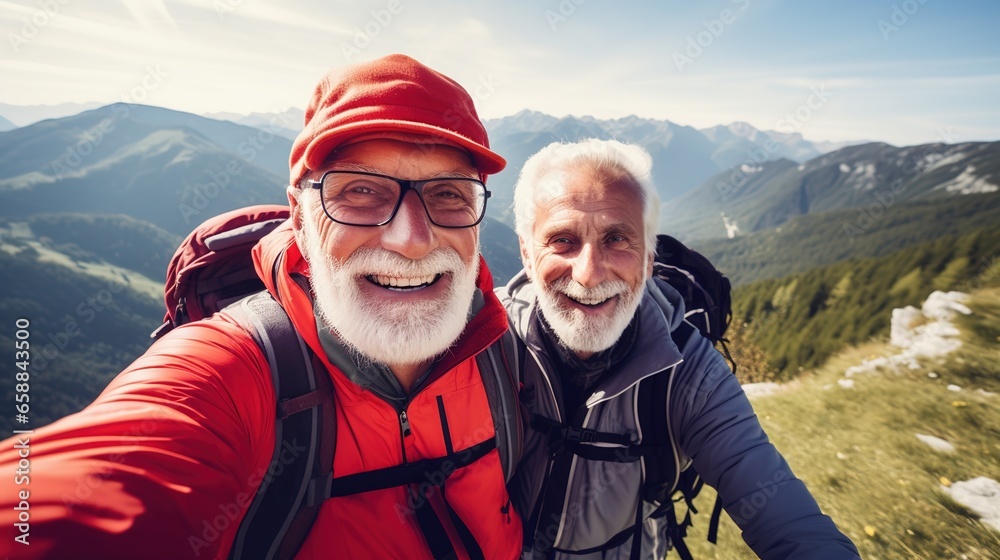 Tourism and Travel: Two elderly mountaineers take a selfie while hiking in the mountains. Happy elderly man enjoying adventure travel.