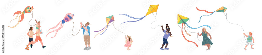 Set of people flying kites on white background - obrazy, fototapety, plakaty 