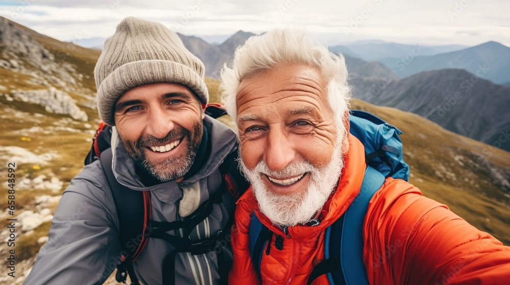 Tourism and Travel: Two elderly mountaineers take a selfie while hiking in the mountains. Happy elderly man enjoying adventure travel. Tourism and Travel: Two elderly mountaineers take a selfie while hiking in the mountains. Happy elderly man enjoying adventure travel.