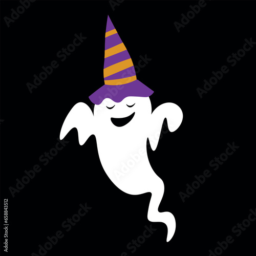 Halloween ghost in witch's hat on black background