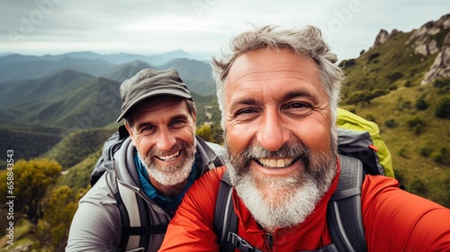 Tourism and Travel: Two elderly mountaineers take a selfie while hiking in the mountains. Happy elderly man enjoying adventure travel.