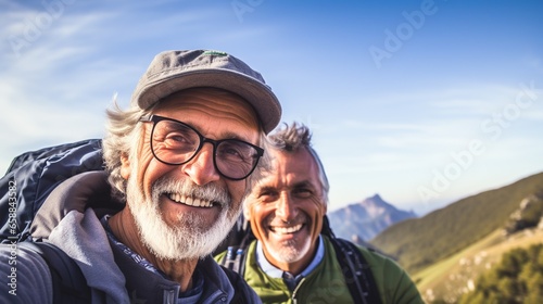 Tourism and Travel: Two elderly mountaineers take a selfie while hiking in the mountains. Happy elderly man enjoying adventure travel. © Phoophinyo