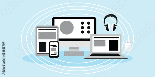 Set of modern devices and gadgets on light blue background. Concept of internet