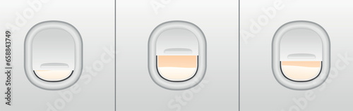 View of airplane windows with shades