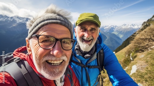 Tourism and Travel: Two elderly mountaineers take a selfie while hiking in the mountains. Happy elderly man enjoying adventure travel.