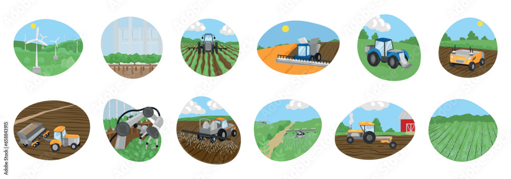 Set of icons with modern agricultural tractors, smart drones and robotic machines in fields