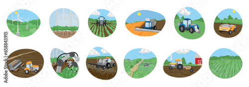 Set of icons with modern agricultural tractors, smart drones and robotic machines in fields