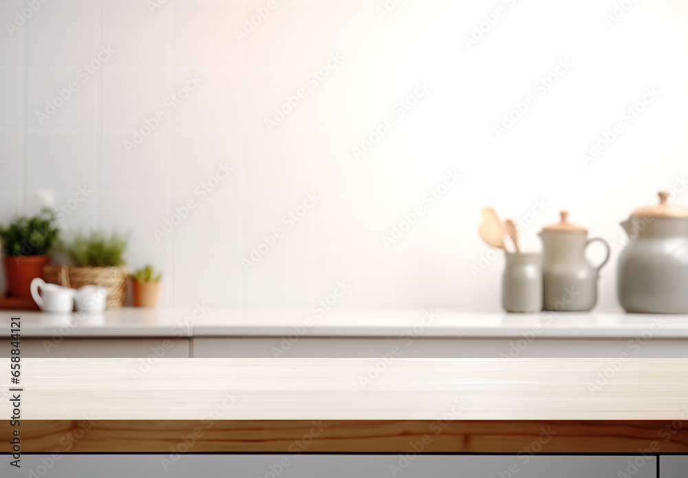Beautiful interior white kitchen background with Empty Table for products or food