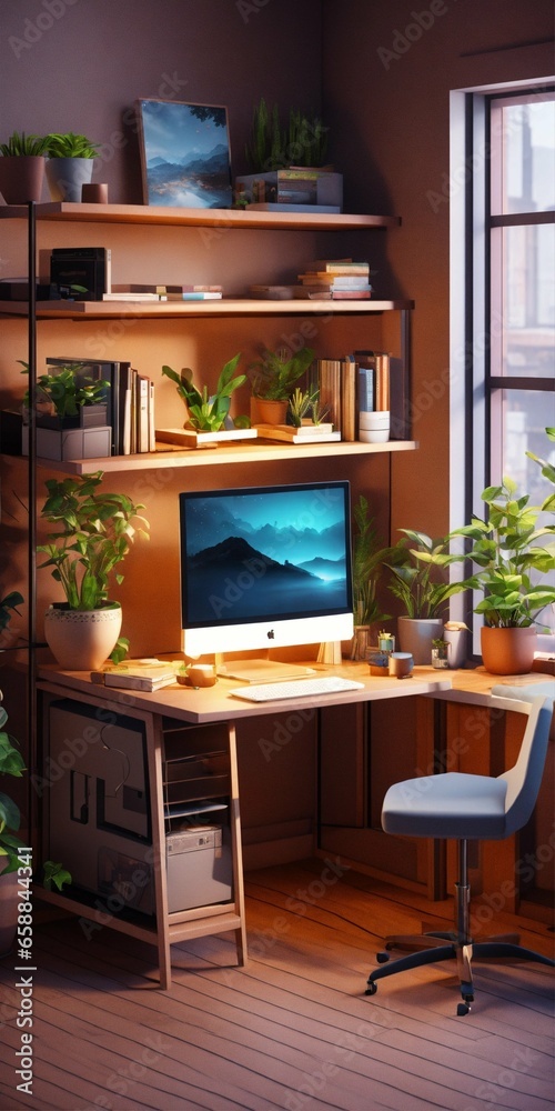 Fototapeta premium cube cutout of an isometric programmer bedroom with a gaming pc, windows, plants bookshelves, desk, 3d art, muted colors, soft lighting, high detail, concept art, behance, ray tracing