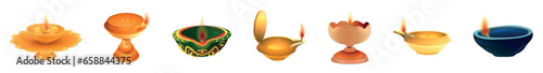 Set of diya lamps for Indian holiday Diwali (Festival of lights) on white background