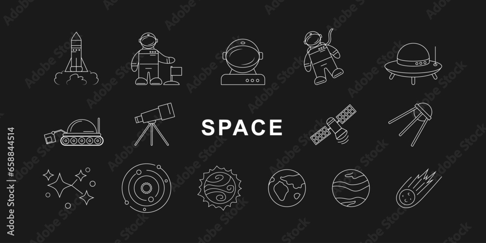 Banner with different space icons on black background