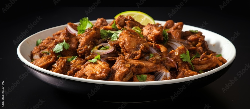 Spicy dry meat mutton or chicken served in a dish With copyspace for text Spicy dry meat mutton or chicken served in a dish With copyspace for text