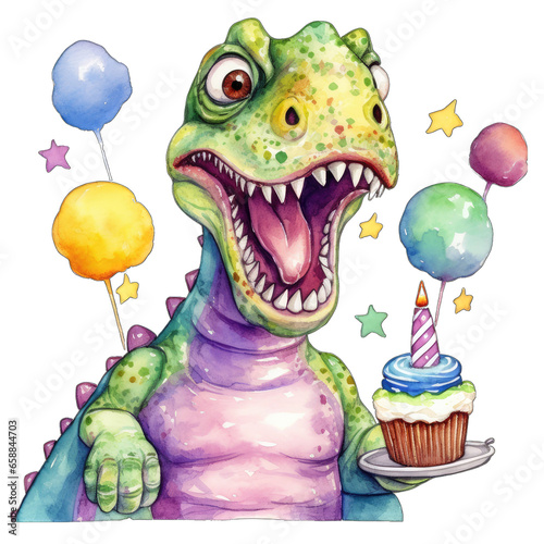 Cute T-Rex tyrannosaurus rex dinosaur  colorful  with birthday balloons  isolated on white transparent background