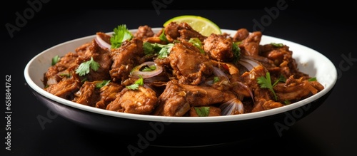 Spicy dry meat mutton or chicken served in a dish With copyspace for text