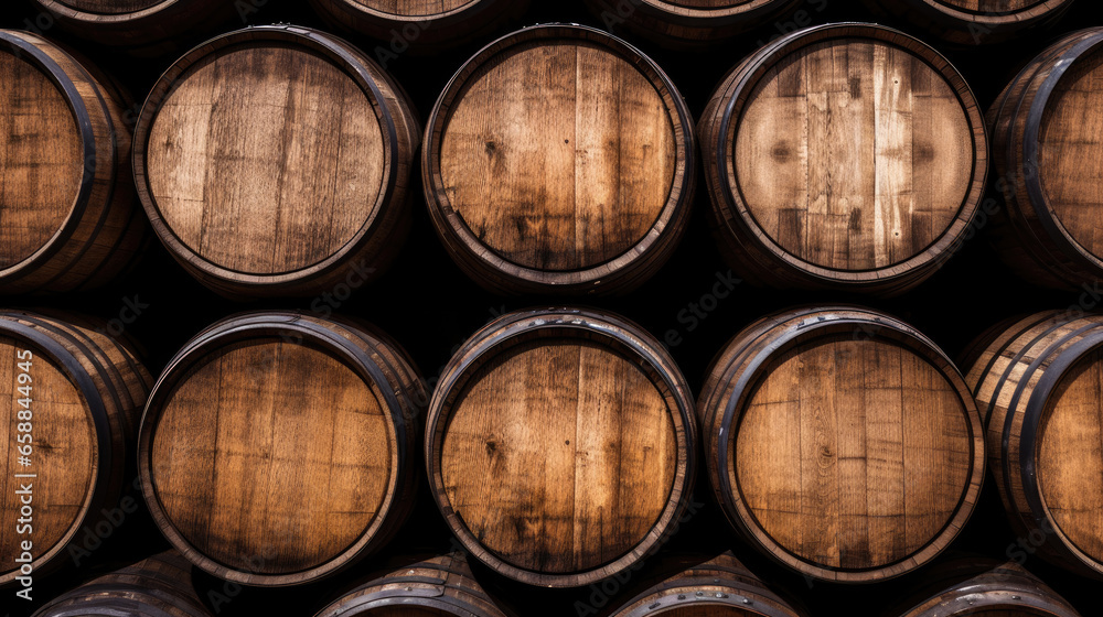Brown wooden wine beer barrel stacked background