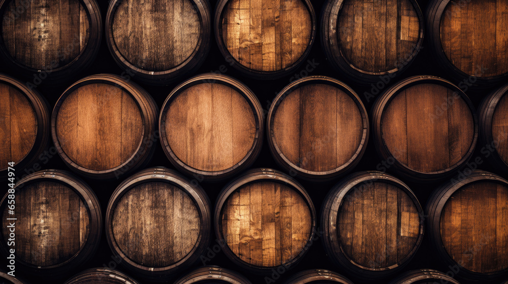 Brown wooden wine beer barrel stacked background - obrazy, fototapety, plakaty 