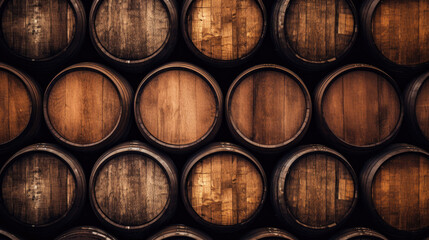 Brown wooden wine beer barrel stacked background