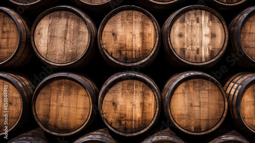 Valokuva Brown wooden wine beer barrel stacked background