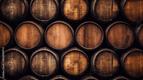 Valokuva Brown wooden wine beer barrel stacked background