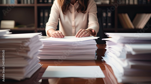 Businesswoman hands working in Stacks of paper files for searching and checking unfinished documents achieves on folders papers at busy work desk office photo