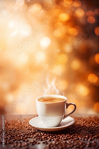 cup of coffee on the table with bokeh background