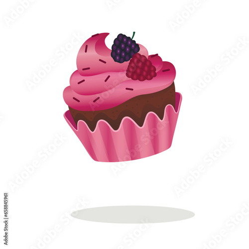 Flying berry cupcake on white background