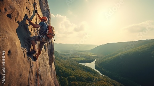 Tourism and adventure: elderly tourist climbing high rock, happy elderly man enjoying adventure, rock climbing sport, exercise concept.
