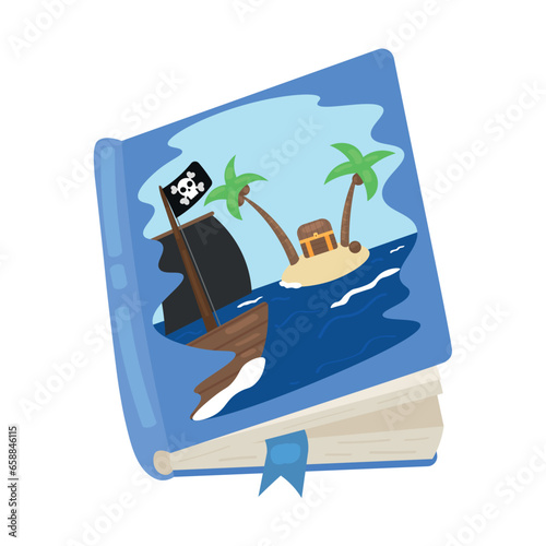 Children's book with drawn pirate treasures and ship on white background