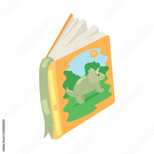 Children's book with drawn dinosaur on white background