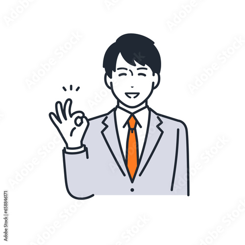 笑顔でOKサインをする男子学生のシンプルなベクターイラスト素材