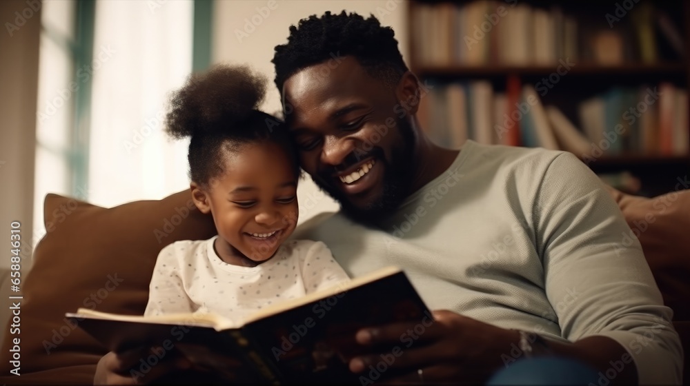 Happy father relax and read book with baby time together at home. parent sit on sofa with daughter and reading a story. learn development, childcare, laughing, education, storytelling, practice.