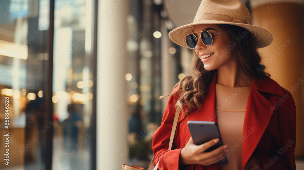 Obraz premium Modern happy Female lifestyle fashion portrait. beautiful attractive young woman girl enjoy stylish walk with shopping bag packages and use smartphone , trendy outfit on shopping mall, browse product