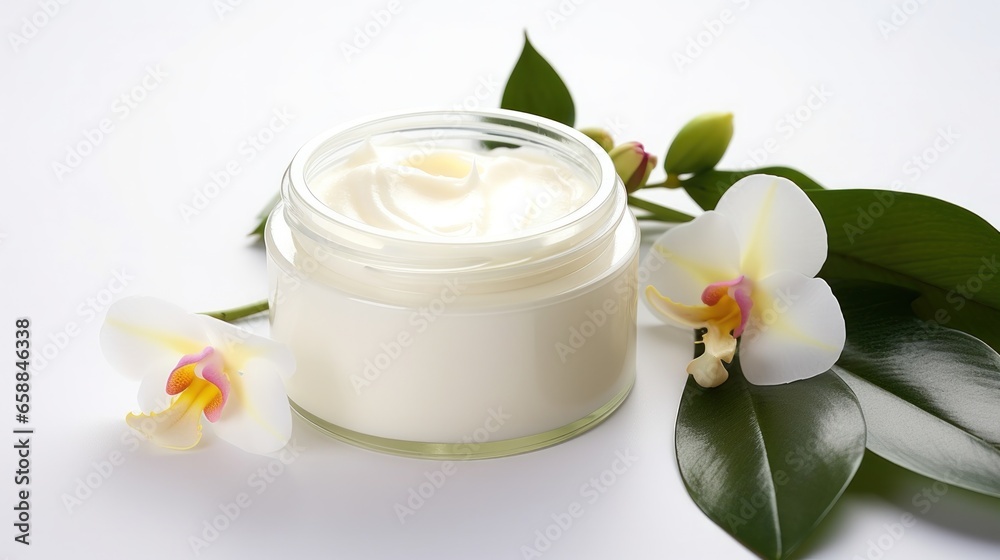 whitening and moisturizing Face cream in an open glass jar and flowers on white background. Set for spa, skin care and body products and solutions for skin problems such as scars, acne, wrinkles. whitening and moisturizing Face cream in an open glass jar and flowers on white background. Set for spa, skin care and body products and solutions for skin problems such as scars, acne, wrinkles.