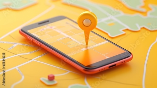 Smartphone with map, 3D Map pins, GPS, navigator pin checking points, 3D World Map icon, technology and application mobile smart phone with mobile, delivery tracking, transportation, generate by AI