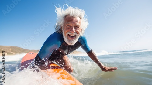 Tourism and adventure: elderly tourist playing surfboard, happy elderly man enjoying adventure, water sports, extreme sports, exercise concept. © Phoophinyo