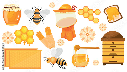 Set of beekeeping items on white background