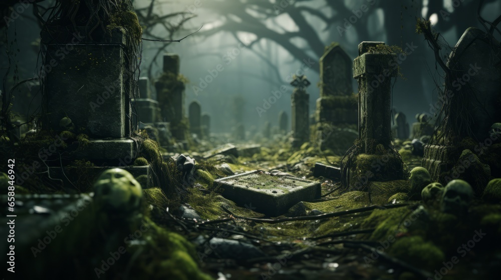 Obraz premium An old cemetery with moss and old gravestones. Generative AI. 