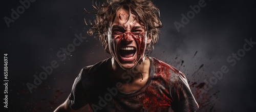 Tattered bloody shirt zombie with a sneer With copyspace for text © 2rogan