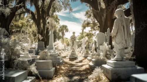 An old cemetery with moss and old gravestones. Generative AI.  photo